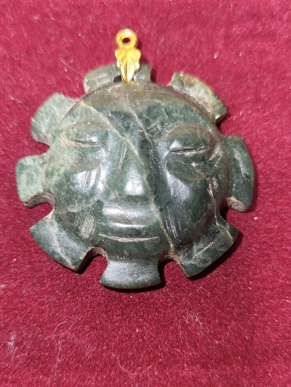 Vintage Hand Carved Green Stone Sun Face Pendant
